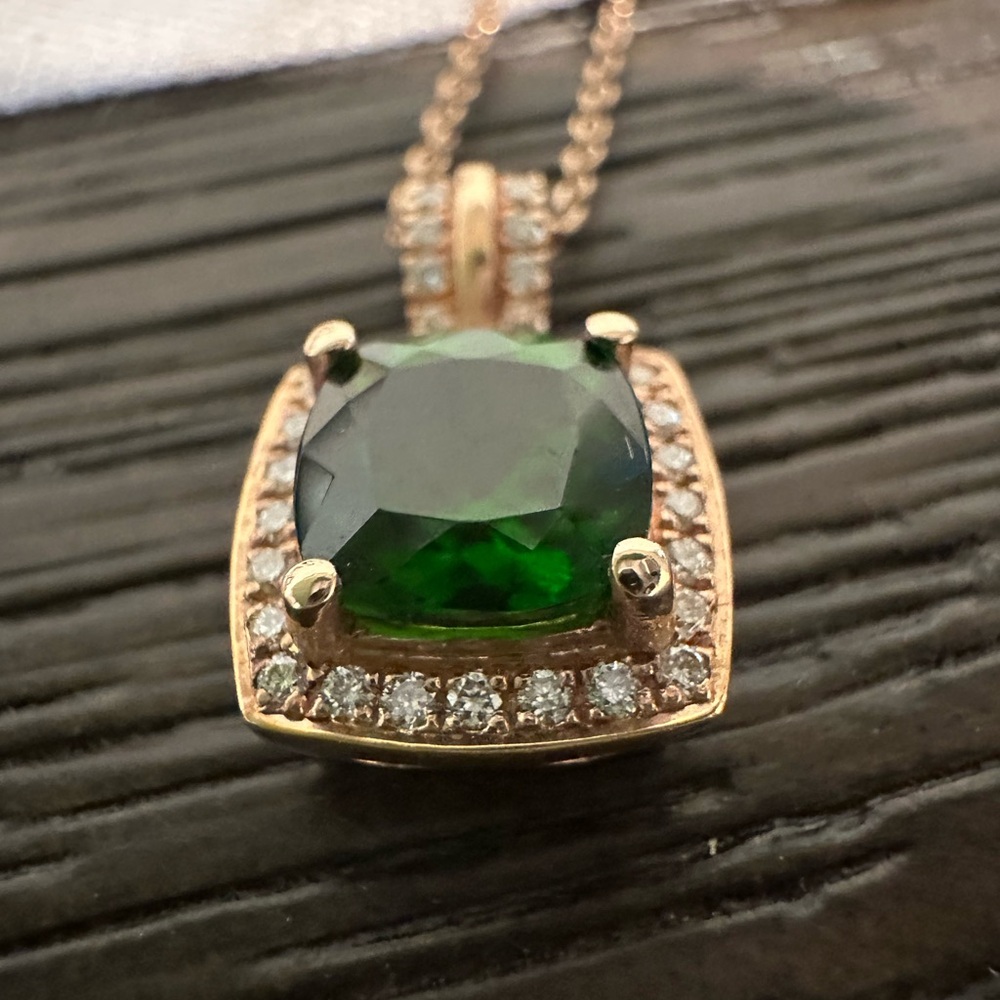 Real rose gold emerald pendant necklace with diamond halo